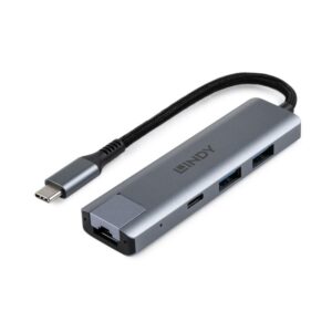 Hub USB LINDY USB 3.2 Gen 2 Type C Hub & Gigabit Ethernet, USB-C, 4 porturi, RJ-45, Gri
