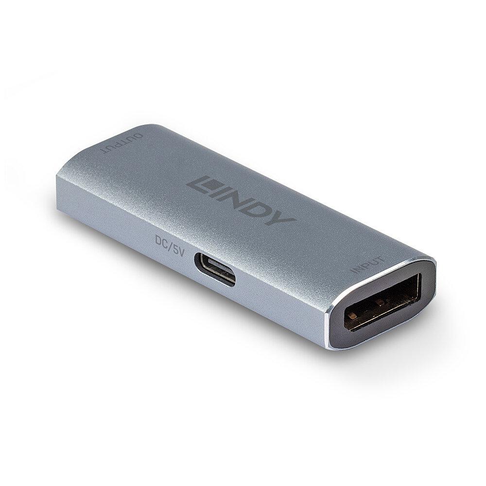 Adaptor Lindy DisplayPort 1.4 Repeater, latime de banda suportata 32.4 Gbps, rezolutie maxima 7680x4320@60Hz 4:4:4 8bit, material aluminiu, gri