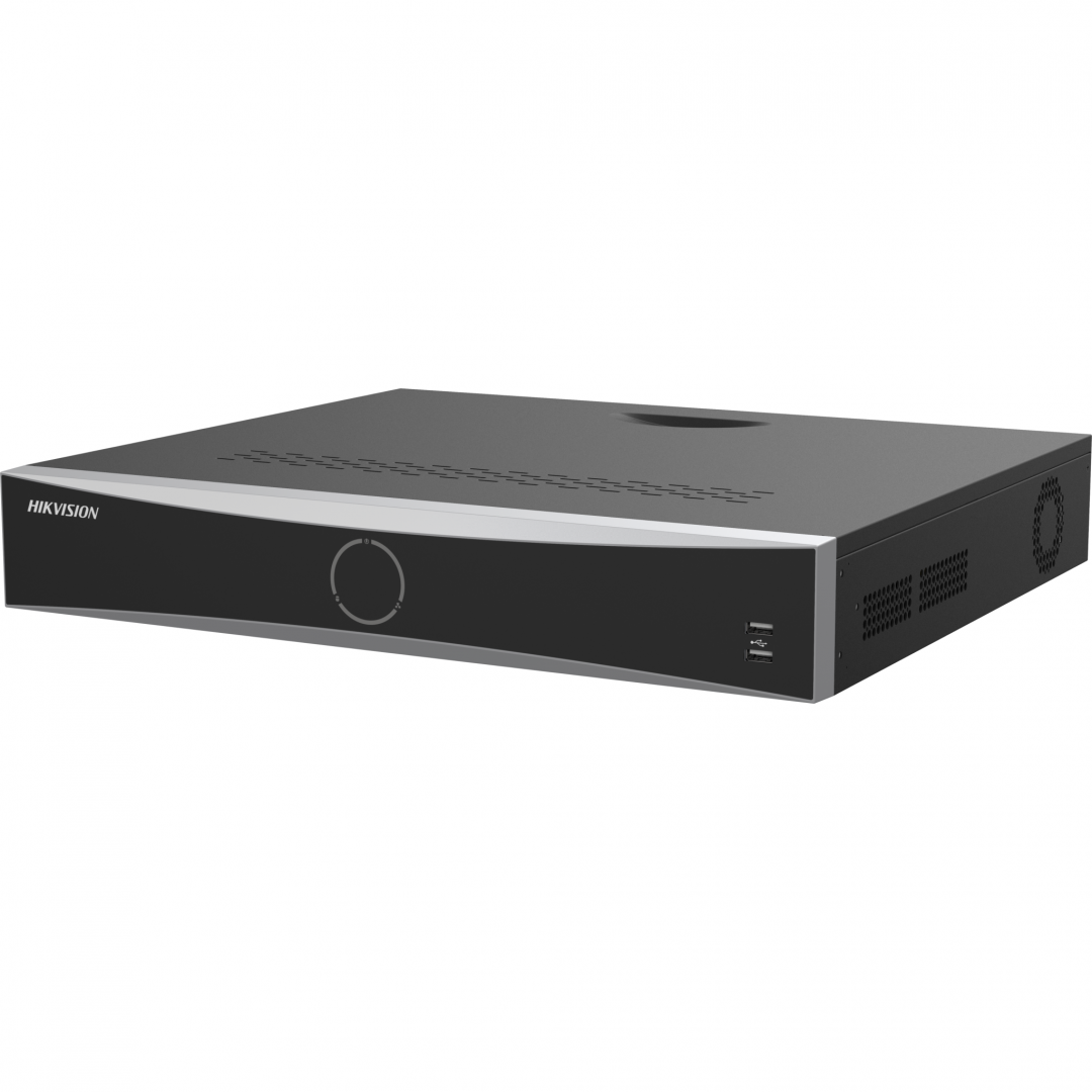 NVR Hikvision 32 canale AcuSearch DS-7732NXI-K4(E); Enable AI by NVR: 16-ch@1080p (2 MP, 30 fps) / Disable AI by NVR: 20-ch@1080p (2 MP, 30 fps), H.265, H.265+, H.264, H.264+, iesiri: HDMI (4K)/VGA independente, 4x SATA max 16TB pe HDD, AI by NVR: Facial recognition, perimeter protection, motion